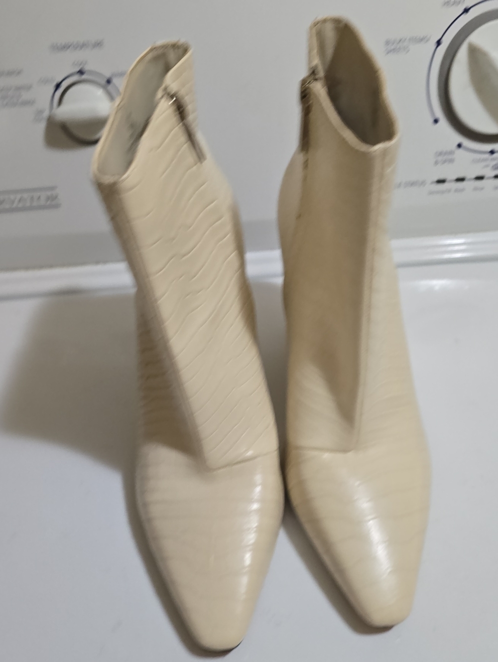 Vince Camuto Cream Croc-Embossed Pointed Ankle Boots